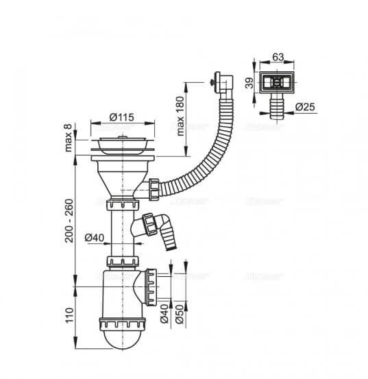 Сифон для мойки d115 ALCAPLAST A447P-DN50/40  Сифон для мойки d115 ALCAPLAST A447P-DN50/40