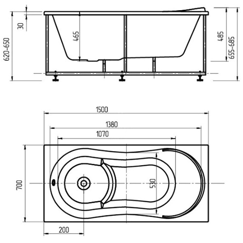 Акриловая ванна Aquatek Афродита 150x70 белая, с экраном, каркасом и сливом-переливом