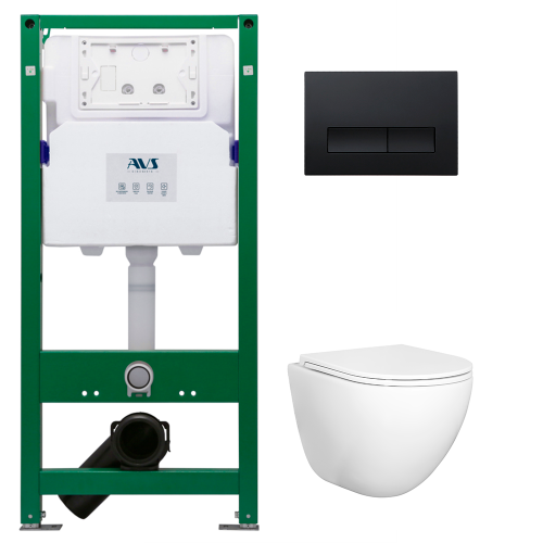 Комплект AVS 3в1: Инсталляция для унитаза 809-0006-7732C + Унитаз подвесной 801-0045-P-T2-GW + Клавиша смыва 809-0011-MB черная, прямоугольные кнопки Комплект AVS 3в1: Инсталляция для унитаза 809-0006-7732C + Унитаз подвесной 801-0045-P-T2-GW + Клавиша смыва 809-0011-MB черная, прямоугольные кнопки