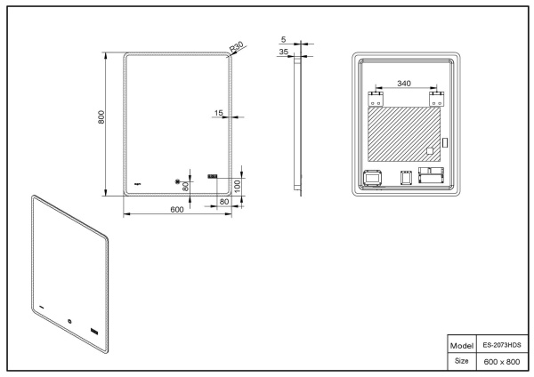 Зеркало 600х800 Led антизапотевание часы Esbano ES-2073HDS Зеркало 600х800 Led антизапотевание часы Esbano ES-2073HDS