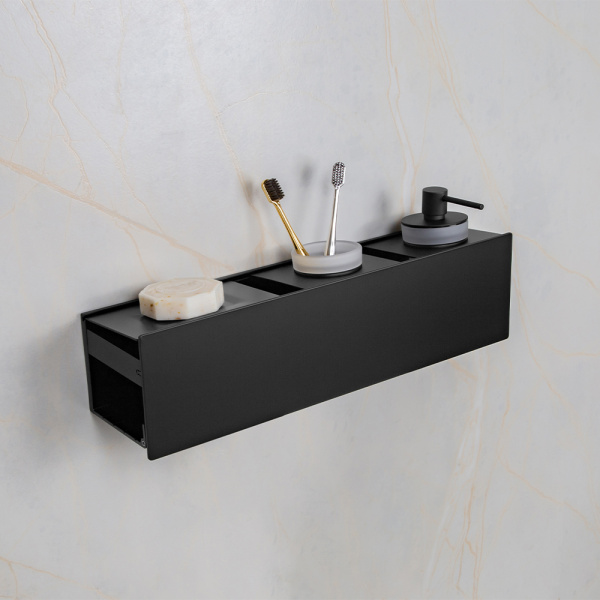 Полка AVS King, 45 см, черный матовый, с мыльницей, дозатором и стаканом Полка AVS King, 45 см, черный матовый, с мыльницей, дозатором и стаканом