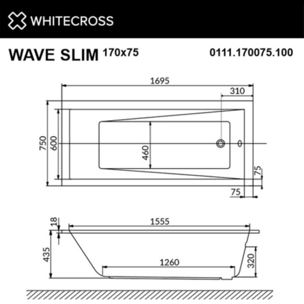 Акриловая ванна Whitecross Wave Slim 170х75 белая, без каркаса Акриловая ванна Whitecross Wave Slim 170х75 белая, без каркаса