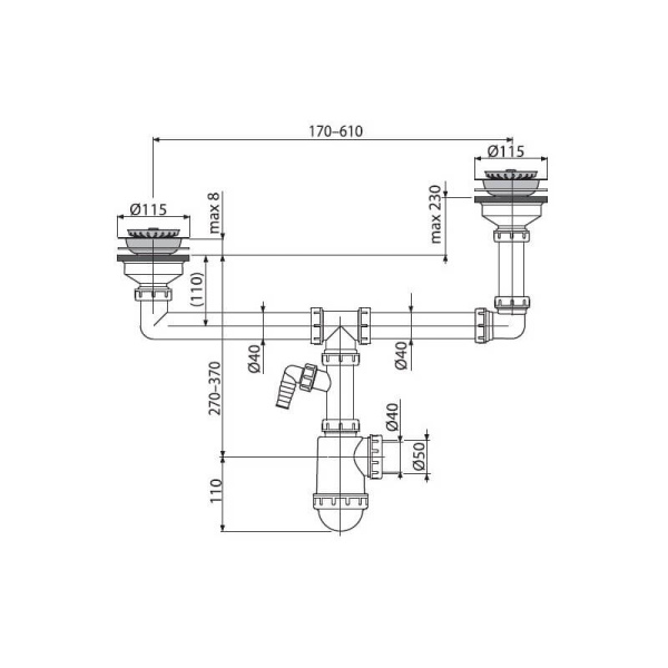 A454P Сифон для сдвоенной мойки Ø115 со штуцером Alcaplast A454P Сифон для сдвоенной мойки Ø115 со штуцером Alcaplast