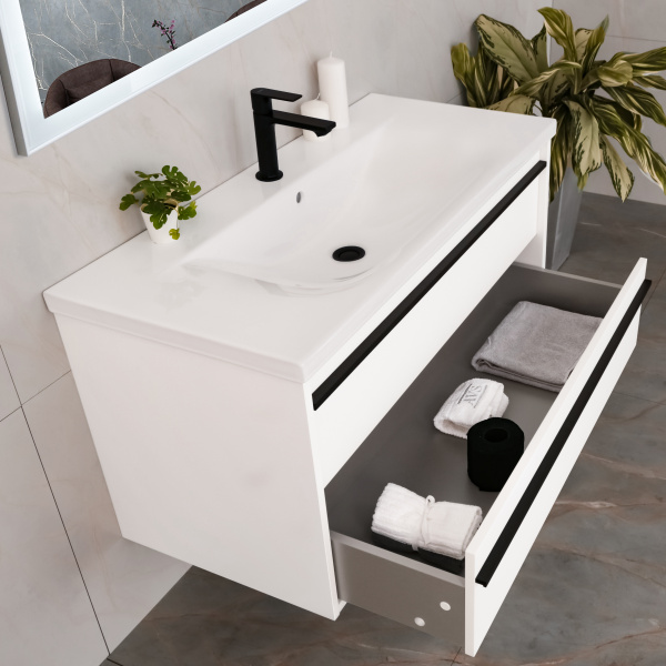 Тумба с раковиной AVS Графика 100 белая матовая с черными ручками Тумба с раковиной AVS Графика 100 белая матовая с черными ручками