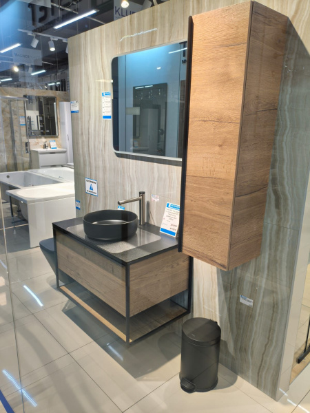 Тумба 900 1ящ подвес со столешницей HPL + Пенал Аттик древесный Steal JORNO Тумба 900 1ящ подвес со столешницей HPL + Пенал Аттик древесный Steal JORNO